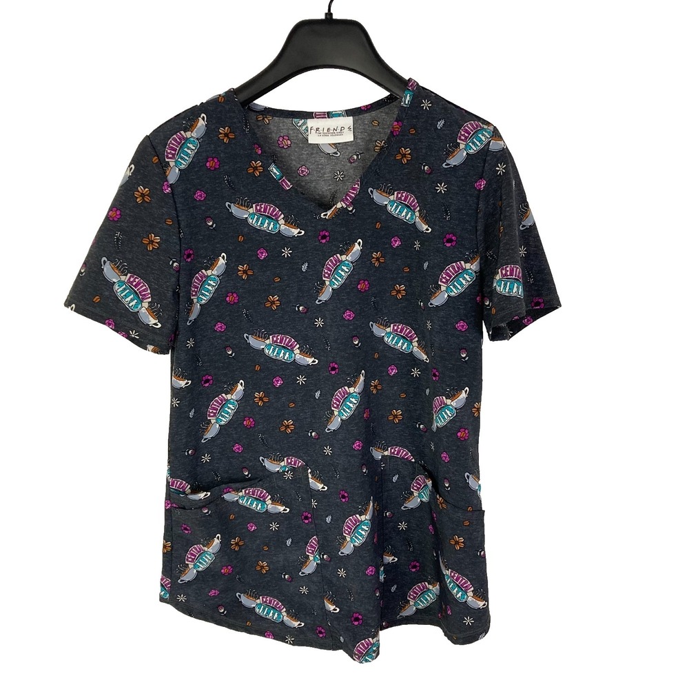 Friends "Central Perk" Coffee Logo V-Neck Scrub Top - Dark Gray with Pockets